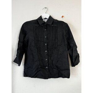 Rena Rowan Womens Black Linen 3/4 Sleeve Button-Up Shirt Size 6 Pintuck Casual